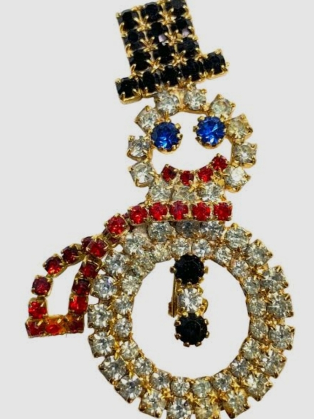 Crystal Snowman Brooch with Red, Blue and Black Accents